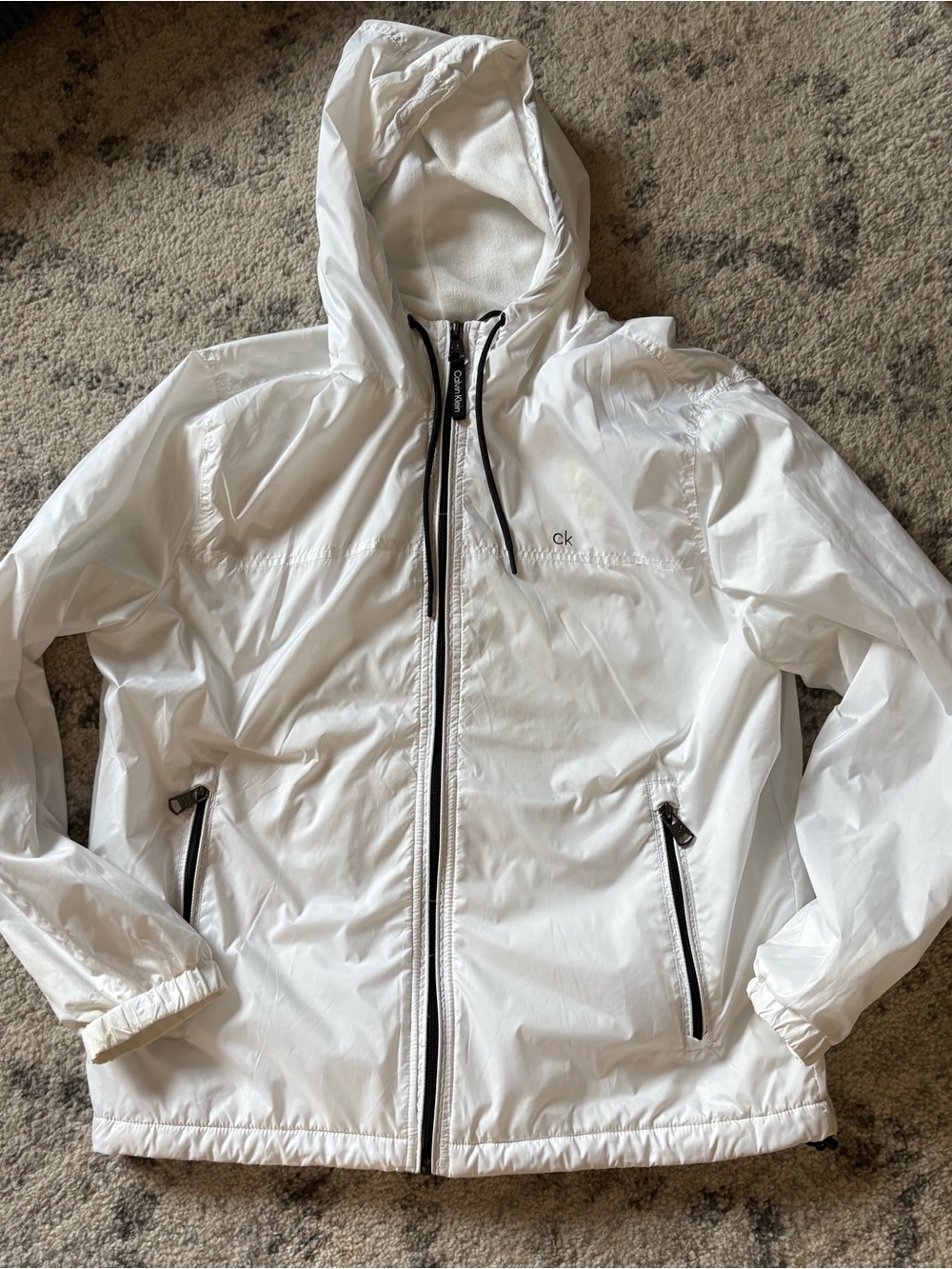 Calvin Klein White Hooded Windbreaker Jacket with Black Trim
